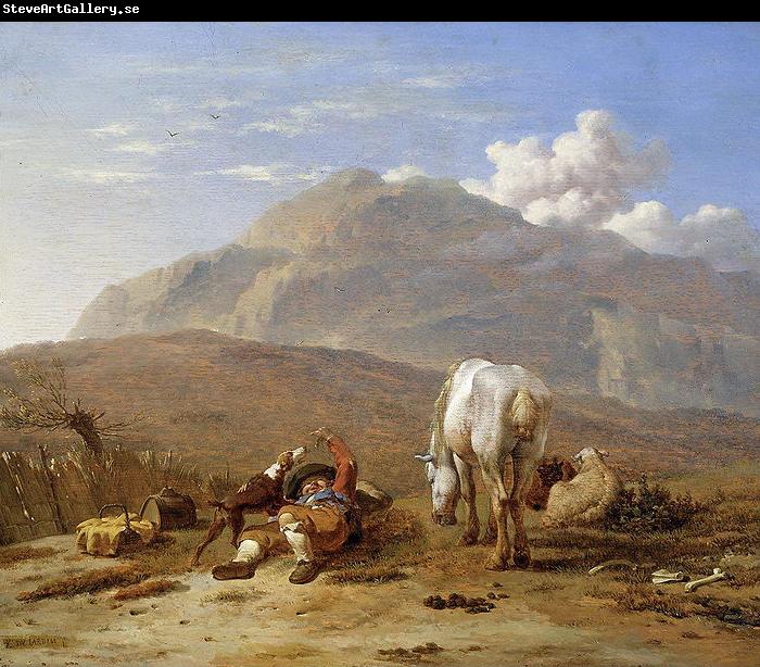 Karel Dujardin Southern landscape with young shepherd and dog